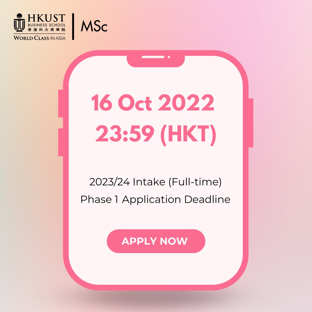 hkustmsc's tweet image. Phase 1 Full-time Application Deadline is approaching! Join our #HKUSTBusinessSchool #MScPrograms for the cutting-edge business trainings and be ready to keep leading in the future.

👉 APPLY NOW: bit.ly/3rKp0Pf