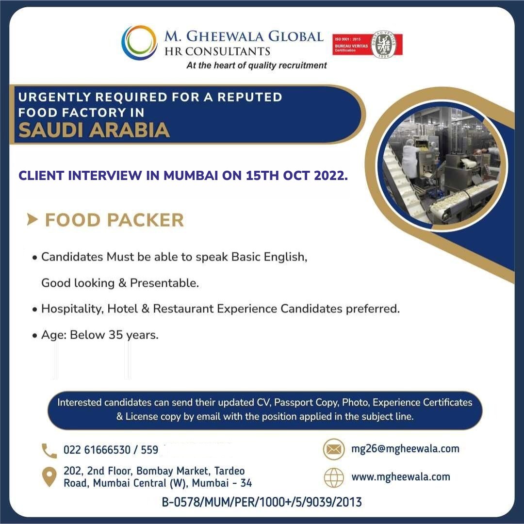 mgheewala_hrc's tweet photo. Job Vacancies for #SaudiArabia
Interested Candidates can send the updated resume to mg26@mgheewala.com
Learn More https://t.co/Ps4bxvjpD1
#foodindustry #foodpacker #foodcompany #foodfactory #factoryjob #hotelexperience #restaurantexperience #hospitality #saudijobs https://t.co/b0vDV4mjDx