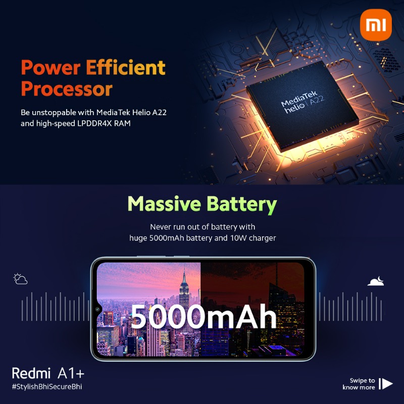 RedmiIndia's tweet photo. Xiaomi Fans, 
Meet your next favourite smartphone 🤝 #RedmiA1Plus 

Here's all you need to know about our latest launch.  
P.S. Swipe till the end to know how to get #StylishBhiSecureBhi at an A1 price.
 
🛒 https://t.co/5GwwhEqRNy