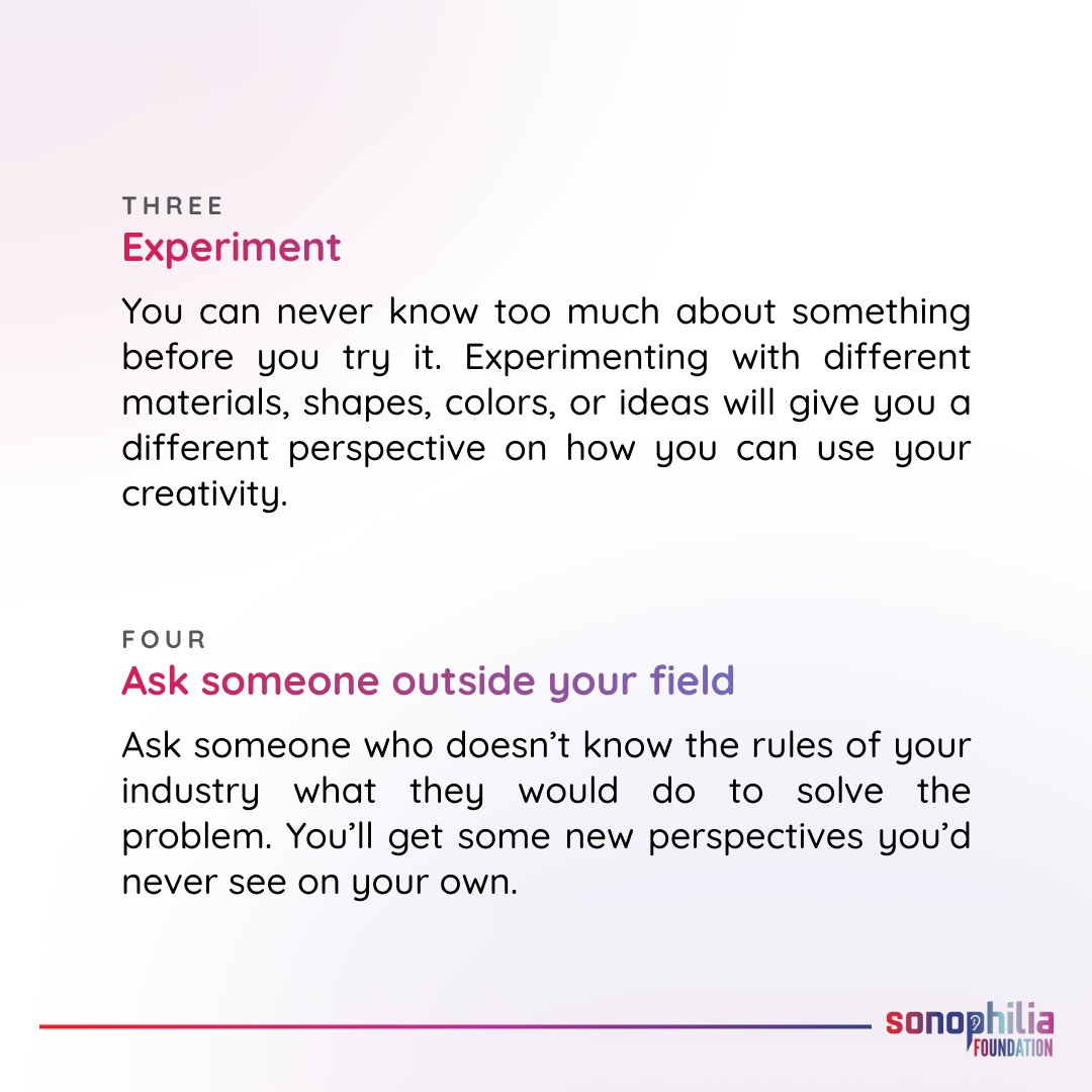 TheSonophilian's tweet image. "Think outside the box" a most common phrase we've all heard when we're given a task to try or do something new.

It can be daunting sometimes so here are ways to help you come up with some creative ideas.

#sonophilia #sonophiliafoundation #creativity #thoughts #creativethinking