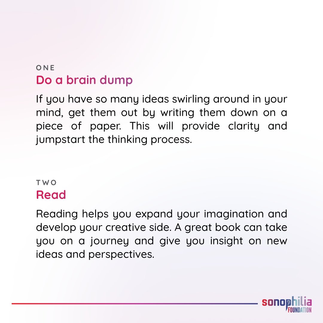 TheSonophilian's tweet image. "Think outside the box" a most common phrase we've all heard when we're given a task to try or do something new.

It can be daunting sometimes so here are ways to help you come up with some creative ideas.

#sonophilia #sonophiliafoundation #creativity #thoughts #creativethinking