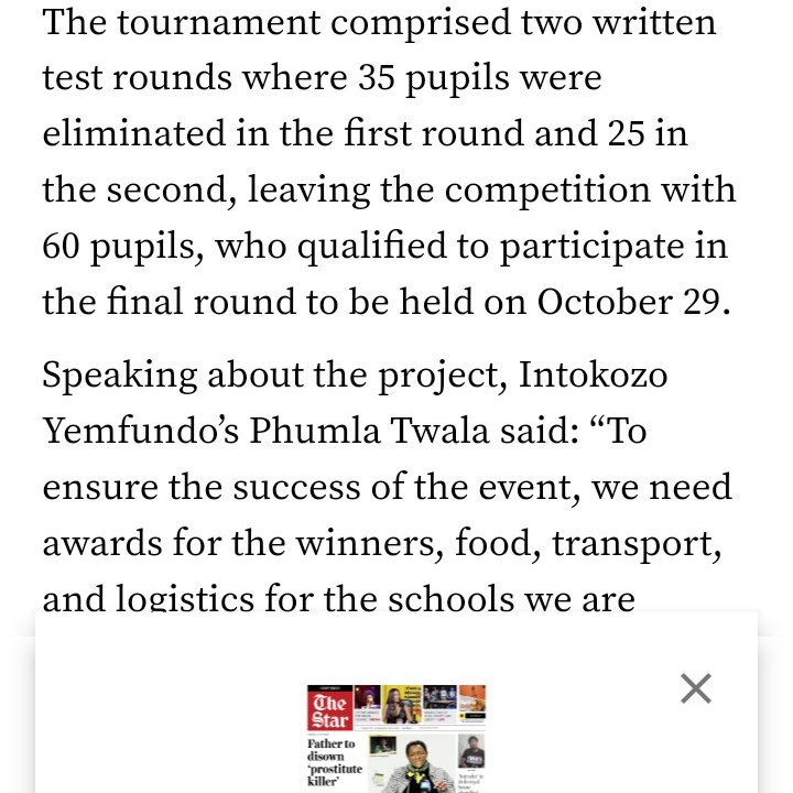 Intokozo_Edu's tweet photo. On the 12th of October 2022 Intokozo Yemfundo was featured on @TheStar_news  Issue as they are planning to host the final upcoming Spelling Bee Competition and are in need of assistance to make the event a success. https://t.co/pI0edDbZIT