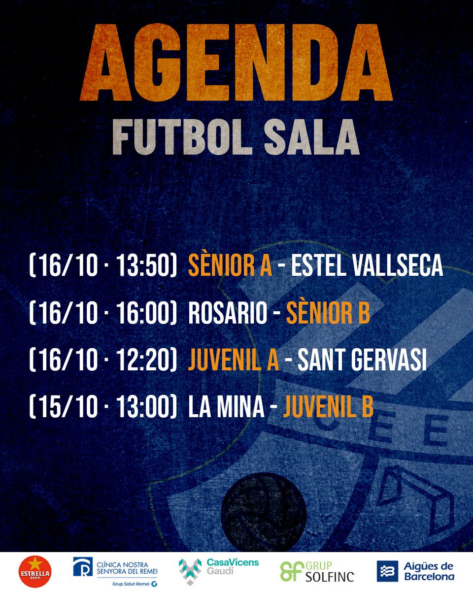 CEEuropa's tweet photo. AGENDA 15/16 d'octubre 🗓️

👇🏽 Ja podeu consultar l'horari de tots els partits dels equips principals, de futbol base i de futbol sala d'aquest cap de setmana

#futbolcat #futfemcat #futsal #ViladeGràcia #SagradaFamília https://t.co/ZFTSKgkanX