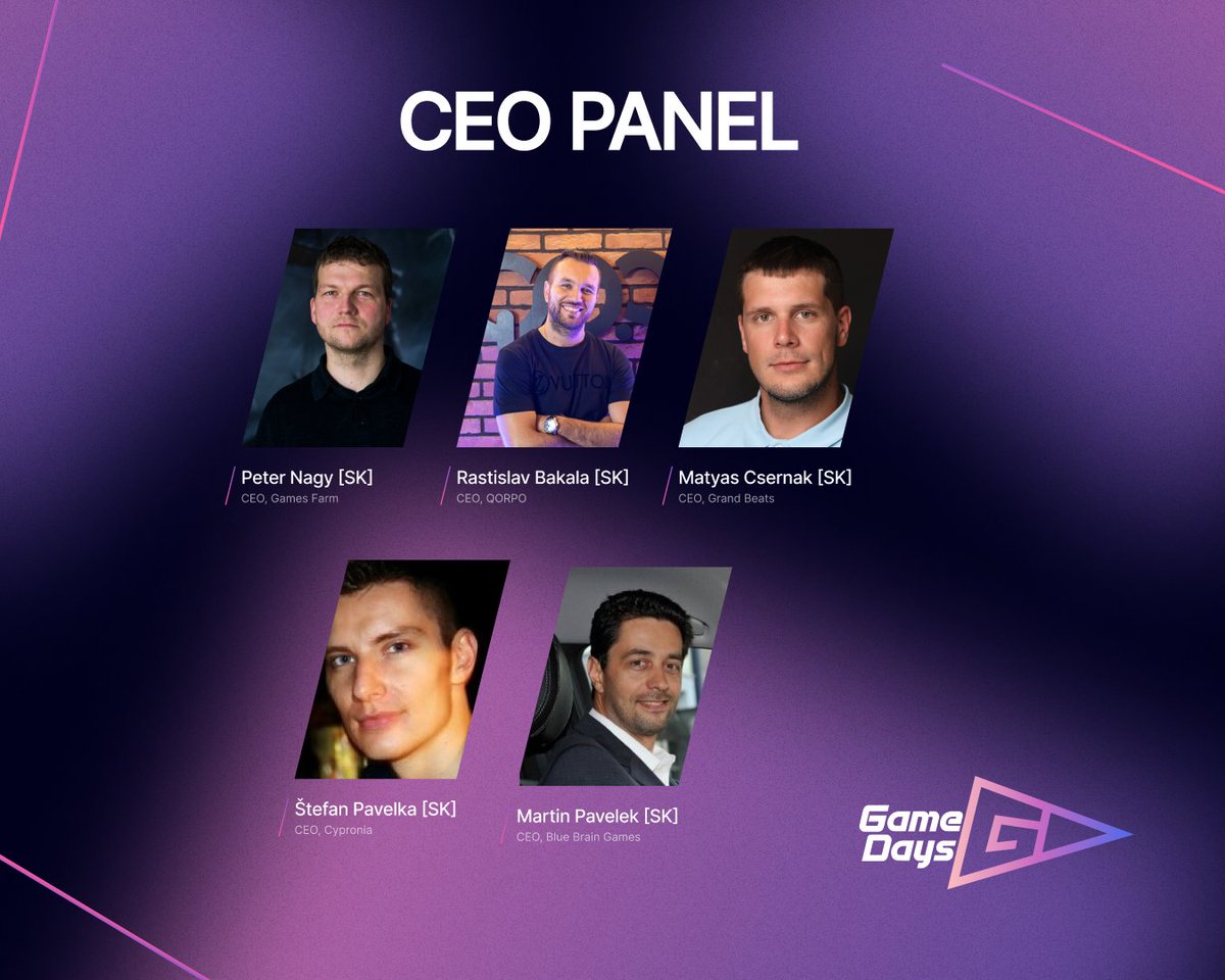 Our #CEO panel is a unique #experience where audience can hear from five different CEOs and see how they did it.
Stefan Pavelka - Cypronia
Matyas Csernak - Grand Beats Production
Rastislav Bakala - Qorpo
Martin Pavelek - Blue Brain Games
Peter Nagy - Games Farm
#conference