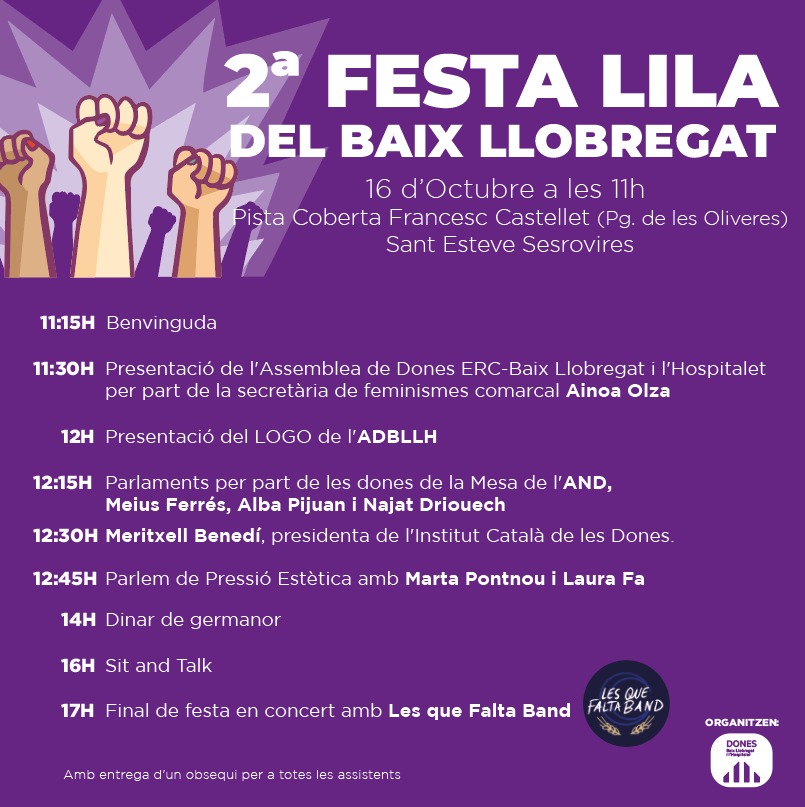 DonesErcBaix's tweet photo. 🗣️Ja queda molt poc per a  poder celebrar la #2FestaLilaBaixLlobregat
Tindrem actuacions, sorpreses i obsequis, sabrem quin és el logo guanyador, coneixerem les dones de #ADBLLH i ho passarem molt bé!
No us la perdeu!
Totes serem protagonistes, perquè #Assembleasomtotes https://t.co/3xbvQad5Cl