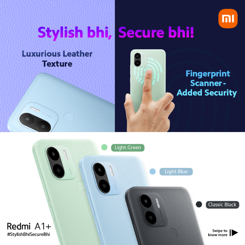 RedmiIndia's tweet photo. Xiaomi Fans, 
Meet your next favourite smartphone 🤝 #RedmiA1Plus 

Here's all you need to know about our latest launch.  
P.S. Swipe till the end to know how to get #StylishBhiSecureBhi at an A1 price.
 
🛒 https://t.co/5GwwhEqRNy