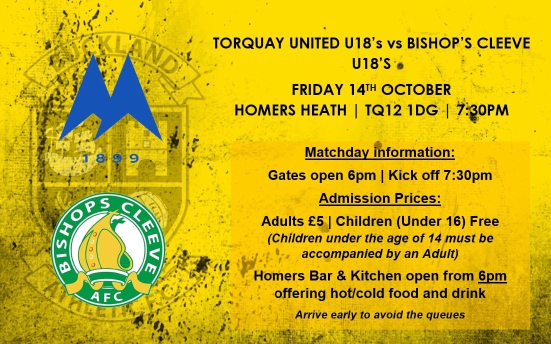 OfficalBAFC's tweet photo. 🗓 | Tonight at the Heath...

🆚️ @TUFC1899 Under 18's vs @BishopsCleeveFC Under 18's
🏟 Homers Heath, TQ12 1DG
⏱️ 7:30pm KO
💷 Adults £5, Children (Under 16) Free, Children (Under 14) must be accompained by an Adult

🍺🍔 Bar &amp; Kitchen open from 6pm

#SupportingLocalFootball ⚽️ https://t.co/2zNgDJeRC3