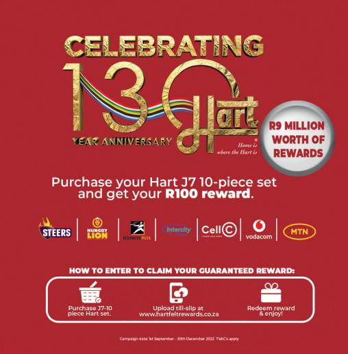 HartHomeware's tweet photo. 130 Years and still going strong! Purchase a 10-Piece set and you will receive a guaranteed R100 reward. Visit #Hartfelt Rewards Program https://t.co/tDyJ9kAhJx for more information. 😍

 #Hart #HartHomeware #HaveFunCooking #Cooking #Hart130thBirthday #Reward https://t.co/kG2WFa9Zlv