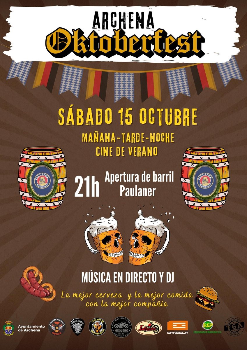 AytoArchena's tweet photo. 🍻 Sábado, 15 de octubre, desde las 12 horas....

‼️Te esperamos en el #Oktoberfest #Archena‼️
La mejor cerveza y la mejor comida con la mejor compañía ...en Archena.

⏰21 h. Apertura de barril paulaner
🎸Música en directo y DJ https://t.co/wRInNWP5Du