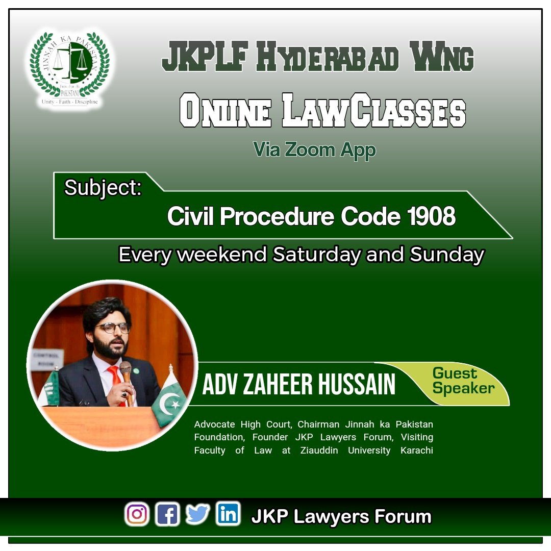 JKPLF's tweet photo. Hello everyone.
Wait is over here we are announcing the Guest Speaker for JKPLF Online Law Classes on "Civil Procedure Code 1908".

Guest Speaker:
Adv Zaheer Hussain 
Advocate High Court
Chairman JKP Foundation
Founder JKPLF 
#JKPLFHyderabadWing
#JKP #JKPLF
#JKPLFMEDIACELL https://t.co/MNev6qx1WE