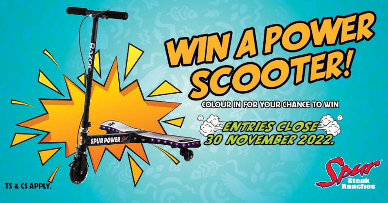 SpurRestaurant's tweet photo. Colour in & WIN with Spur! Stand a chance to win an awesome #SpurPowerScooter You could be zooming around & lighting up your trail. Ask your waitron for a colouring-in sheet & place it in the entry box once complete. Entries close 30 Nov ‘22. Ts & Cs. #SpurKidsColouringComp https://t.co/GqXMkM2DkO