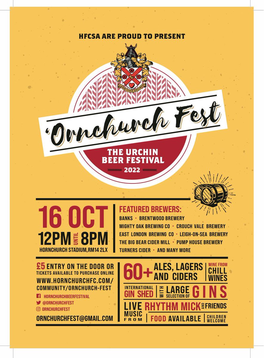 Event Reminder |

Sun 16th Oct from 12pm.

<a href="/HornchurchFC_SA/">Hornchurch FC Supporters' Association</a> are proud to present <a href="/OrnchurchFest/">'OrnchurchFest</a> 2022.

A variety of beers and gins will be on sale. There will also be live music and food.

£5 entry on the door. Please join us for what always is, a fantastic day.