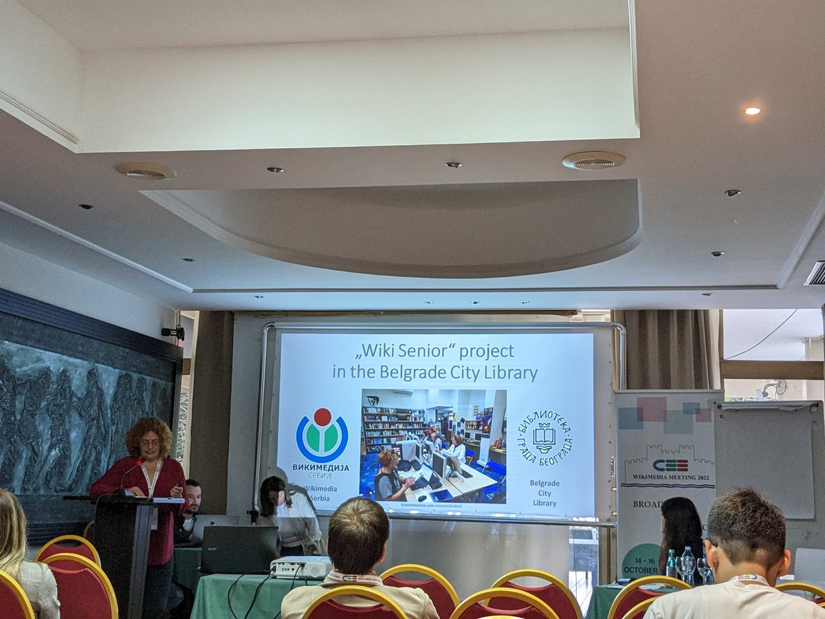 klaula's tweet photo. Zana Shtrkovska, Klára Joklová &amp;Milica Buha present WikiSenior project implemented by Belgrade City Library and #wikimediaSerbia Great project with impactful results. #wmcee2022 https://t.co/zH7aGR0dUz