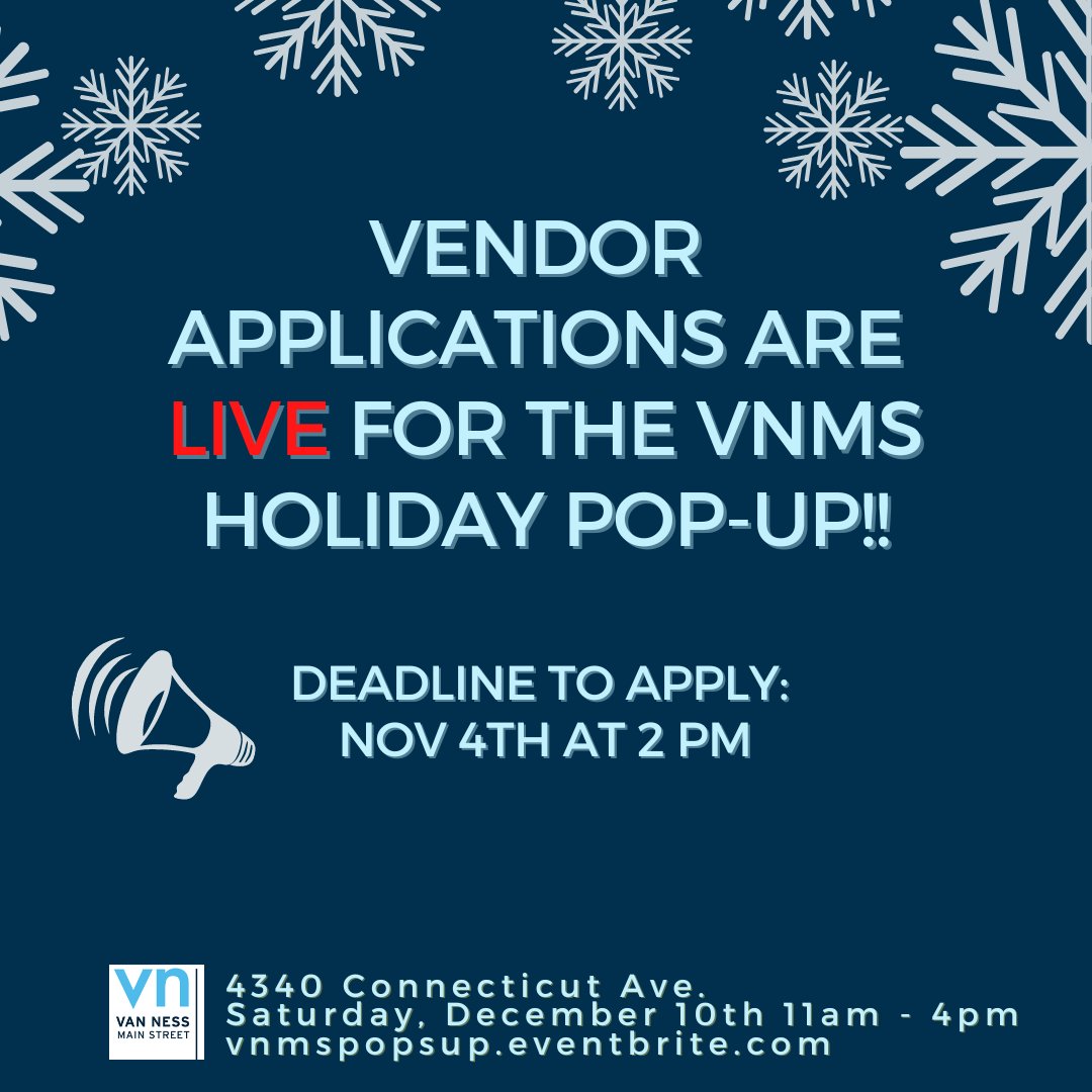 VanNessMainSt's tweet photo. Apply today for the 7th Annual VNMS Holiday Pop-Up!! Be sure to get your application in before the Nov 4th deadline!! #shoplocaldc #shopsmalldc
@SmallBizDC
Link to Apply: https://t.co/ESOqAdsxuy
Event details: https://t.co/bXq4Osl97b https://t.co/7kGR23xNdT
