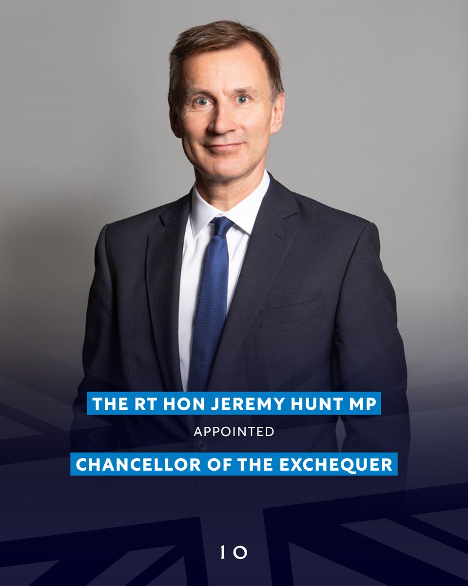 The Rt Hon Jeremy Hunt MP @Jeremy_Hunt has been appointed Chancellor of the Exchequer @HMTreasury.