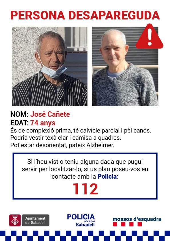 #ATENCIÓ ⚠️ Col·laborem en el dispositiu de cerca del veí de Sabadell José Cañete que organitza <a href="/bomberscat/">Bombers</a> 

📍Punt de trobada: escola Can Rull (avda de Lluís Companys, 61)
⌚ Hora inici: 9h
📅 Dissabte 15 d'octubre

Ajuda’ns a trobar-lo 📞Truca al 1️⃣1️⃣2️⃣

#Sabadell