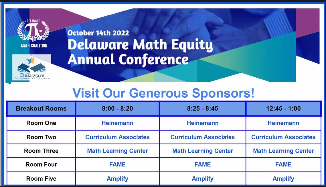 Renee Parsley (@reneeparsley) on Twitter photo DE Math Equity conference-missed our morning Sponsor Spotlights? - you have another chance to visit at 12:45!
Thank you <a href="/HeinemannPub/">Heinemann</a> <a href="/CurriculumAssoc/">Curriculum Associates</a> <a href="/MLCmath/">Math Learning Center</a> <a href="/FAME_Delaware/">FAME, Inc.</a> <a href="/Amplify/">Amplify</a>
#demathequitymatters #demathchat DE Math Equity conference-missed our morning Sponsor Spotlights? - you have another chance to visit at 12:45!
Thank you <a href="/HeinemannPub/">Heinemann</a> <a href="/CurriculumAssoc/">Curriculum Associates</a> <a href="/MLCmath/">Math Learning Center</a> <a href="/FAME_Delaware/">FAME, Inc.</a> <a href="/Amplify/">Amplify</a>
#demathequitymatters #demathchat