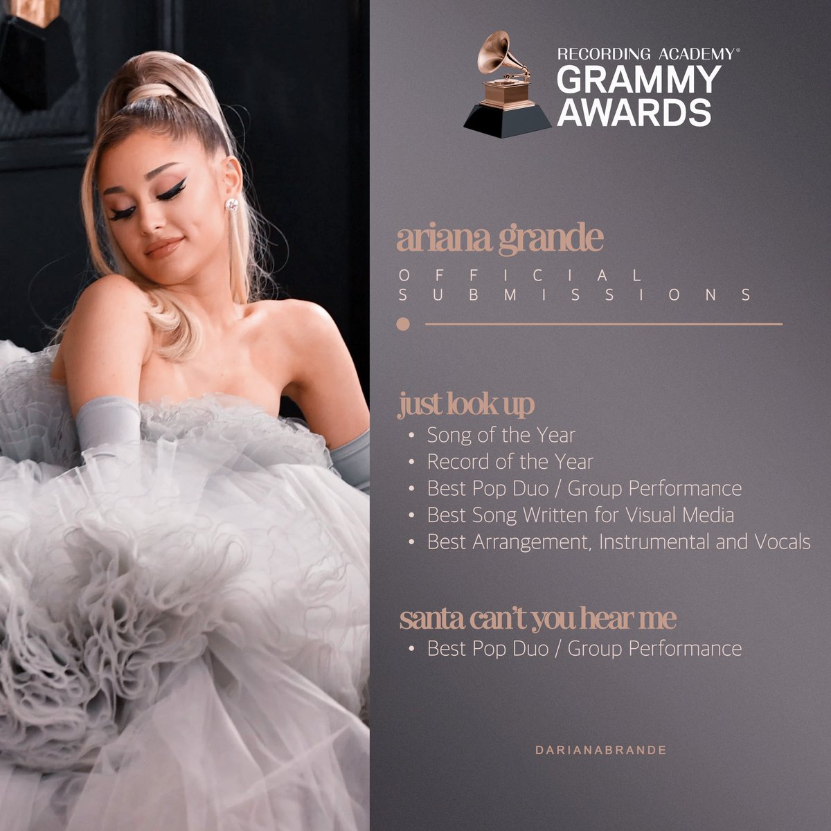 darianabrande on X: Ariana Grandes official submissions for the 2023  Grammy Awards! Just Look Up: - SOTY - ROTY - Best Pop Duo  Group  Performance - Best Song Written for Visual