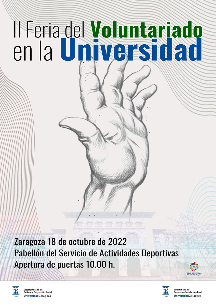 II Feria del Voluntariado en la Universidad (Zaragoza)
¿Quieres conocer la actividad de más de 30 entidades en las que podrías colaborar como voluntaria/o? Pásate el próximo martes 18 de octubre por el Pabellón Polideportivo del SAD entre las 10.00h y las 18.00 h.
Te esperamos!!!