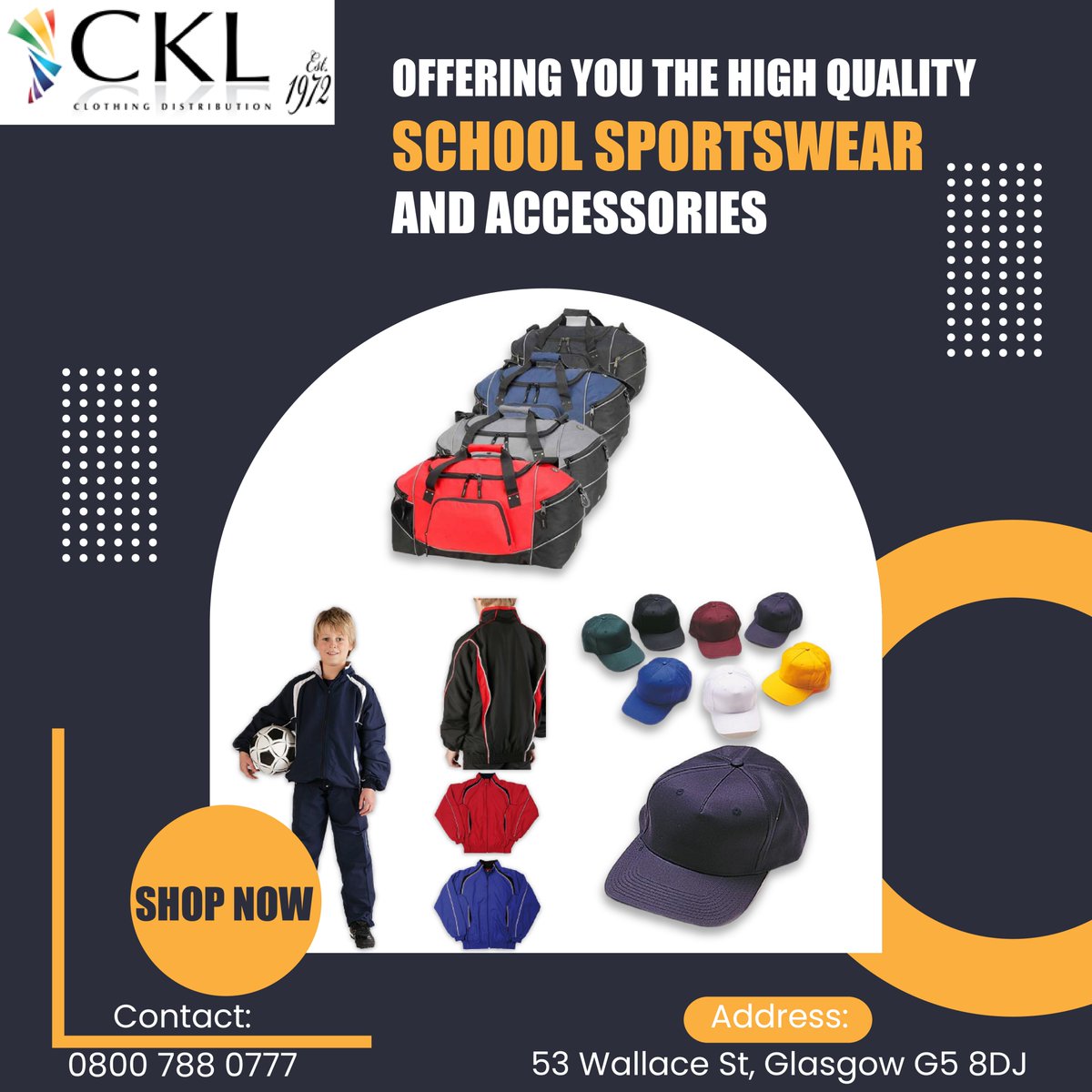 We help you to design your own school sports uniform. We make and print school Sports House/ Football kit, T-Shirt, Shorts, Skirts, Pants &amp; Tracksuits. 
Interested in Bulk Order or B2B? Call on:08007880777 
Visit us on ckl.uk.com, 
#ckl #schoolsportswear #sportswear