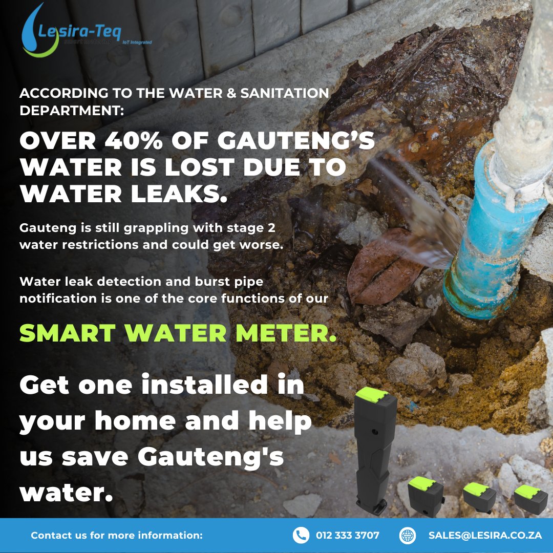 Get a #SmartWaterMeter installed in your home and help save Gauteng's water. Over 40% is lost due to water #leaks!
#watermanagement 
#stopthewaterleaks
#gauteng
#waterrestrictions