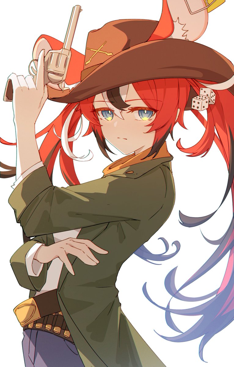 hakos baelz 1girl animal ears weapon red hair gun cowboy hat hat  illustration images