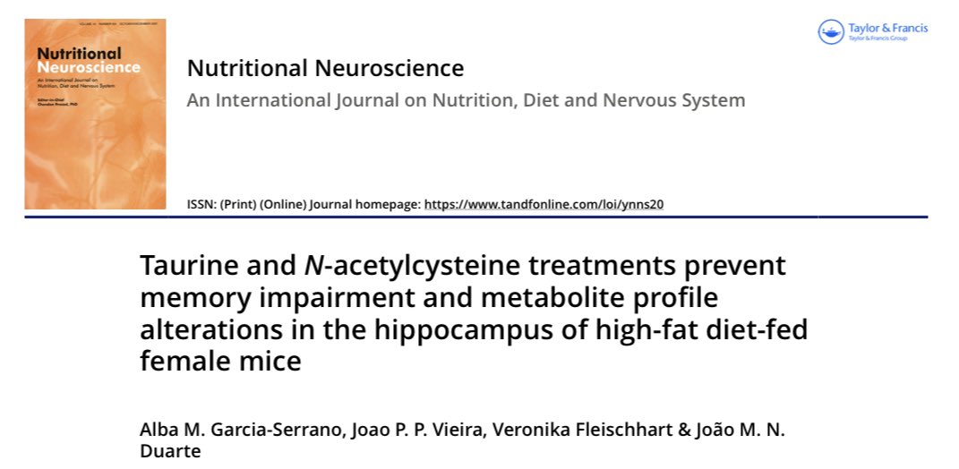 Alba García's (<a href="/Enola_10/">Alba García</a>) last article from our lab is out! 
doi.org/10.1080/102841…

Read about Taurine and NAC-supplementation in HFD fed female mice alters metabolites (measured with MRS) and behavior (NLR).