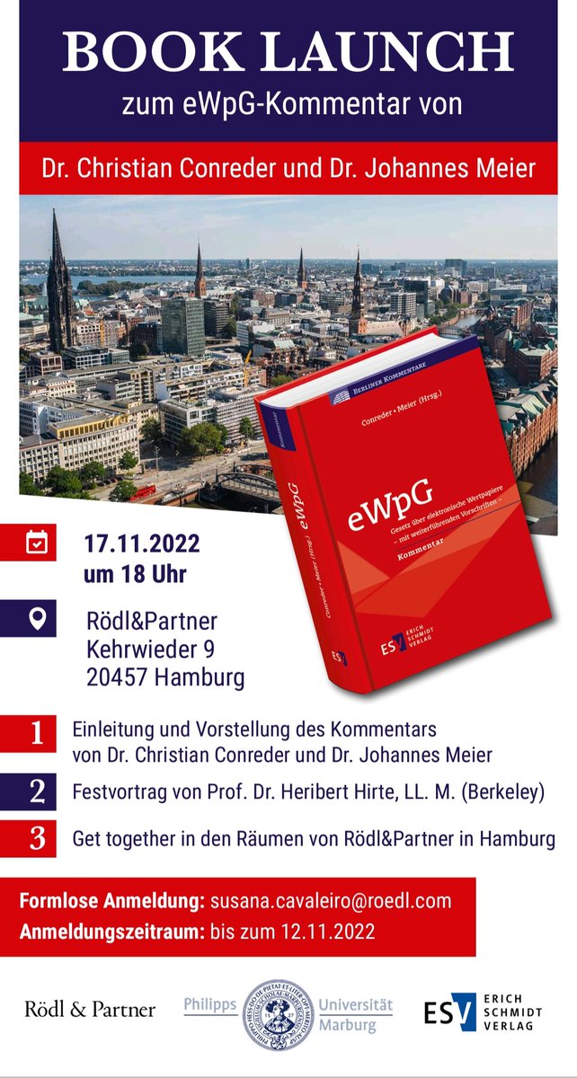 iwan_meier's tweet photo. Endlich ist es soweit! Der #eWpGKommentar von @ChristianConreder und mir wird im Rahmen eines #BookLaunches vorgestellt. Den Festvortrag wird @HHirte - Prof. Dr. Heribert Hirte LL. M. (Berkeley) von der Universität Hamburg halten. Wir freuen uns auf Sie! Anmeldung 👇 https://t.co/ej85avLLvo
