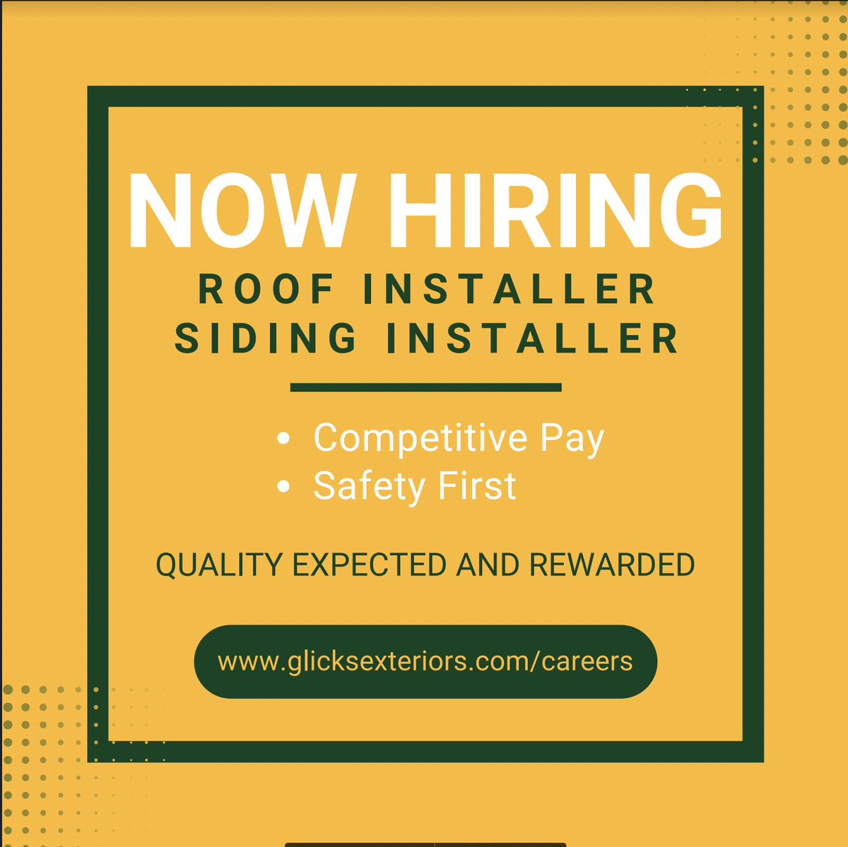 NOW HIRING Roof Installer/Siding Installer Competitive Pay. Safety First  glicksexteriors.com/careers

 #roofer #sidinginstaller