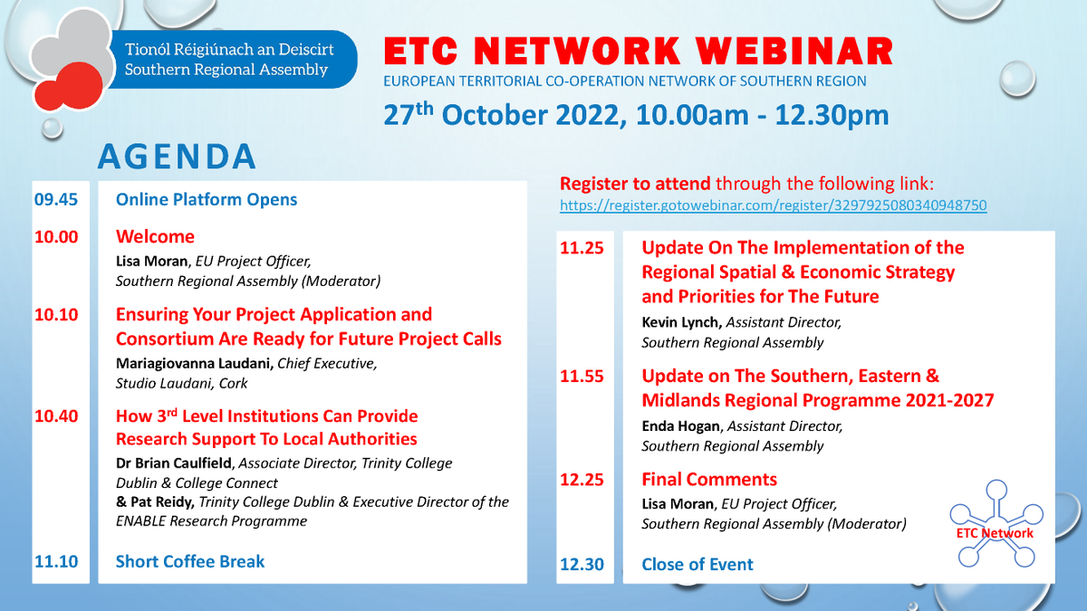 SouthernAssembl's tweet photo. Kevin Lynch will explore the significant progress made in implementing RSES at local & national levels and share how the SRA will continue to support growth in the southern region at the #ETCNetwork webinar Oct 27
More info: https://t.co/damtFqGes6 https://t.co/tiBcY2oHHY