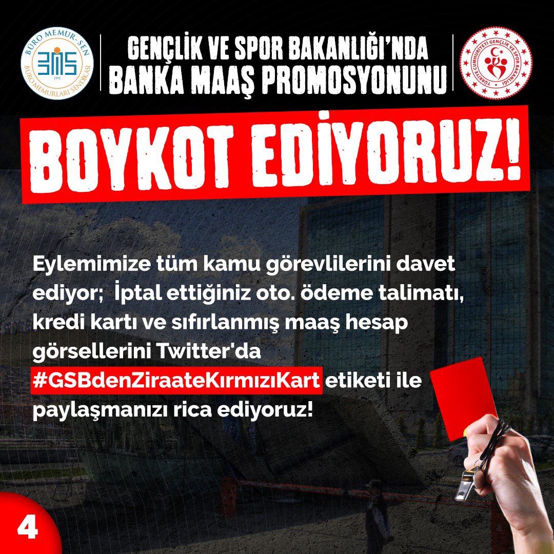 4⃣ Eylemimize tüm kamu görevlilerini davet ediyor;  İptal ettiğiniz oto. ödeme talimatı, kredi kartı ve sıfırlanmış maaş hesap görsellerini Twitter'da #GSBdenZiraateKırmızıKart etiketi ile paylaşmanızı rica ediyoruz!
<a href="/tcbestepe/">T.C. Cumhurbaşkanlığı</a> <a href="/RTErdogan/">Recep Tayyip Erdoğan</a> <a href="/gencliksporbak/">Gençlik ve Spor Bakanlığı 🇹🇷</a> <a href="/kasapoglu/">Dr. Mehmet Kasapoğlu</a> <a href="/ziraatbankasi/">Ziraat Bankası</a>
