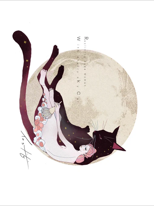 満月と横たわる裸婦と星空の猫 