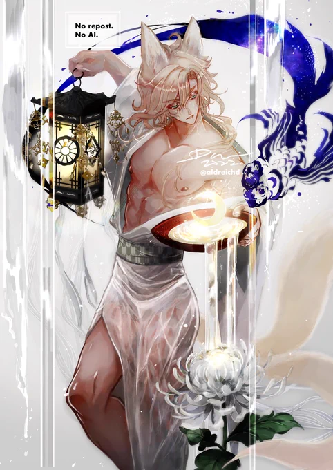 <Moon Fox> and <Omniscient Mage>Original pieces I did for an exhibition at GalleryIYN, Japan.The mage is actually a male witch OC of mine, but that did be too hard to translate both in title and into Japanese, so changed it to "mage" 