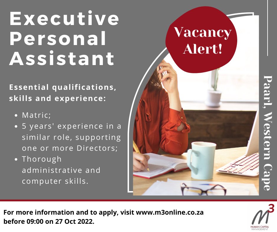 VACANCY: Executive Personal Assistant

Follow the link to apply online: jobs.m3online.co.za/sys/jobDetails…

#executivepersonalassistant #personalassistant #agriculture #vacancy #career #applynow #paarl #westerncape