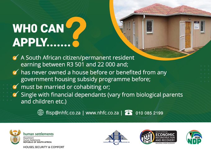 GovernmentZA's tweet image. Become a first-time homeowner through FLISP if you earn between 3 501 and 22 000 per month. This programme is facilitated by the National Housing Finance Corporation. Read more here: nhfc.co.za or call 0100852199 for more information. #FLISP #NHFC