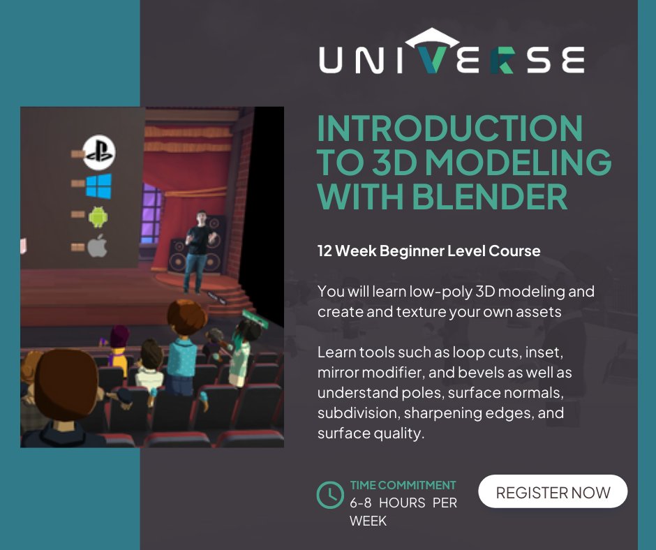 We're very excited about our new Introduction to 3D Modeling with Blender course! Graduate with the knowledge of how to model your own low-poly models for use in your own worlds or games with no prior 3D modeling or blender experience needed! More at tryuniverse.com