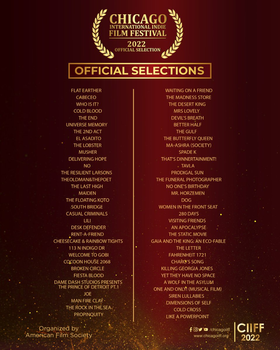 ChicagoIIFF's tweet photo. Congratulations to all the selected entries! 🎉🎊
Stay tuned for the award ceremony at ShowPlace Icon Theatres at the Roosevelt, Illinois Chicago.
Got your tickets yet? Link in Bio! 🎬
#CIIFF #CIIFF2022 #congratulations_all #officialselection https://t.co/fqNVuJirql