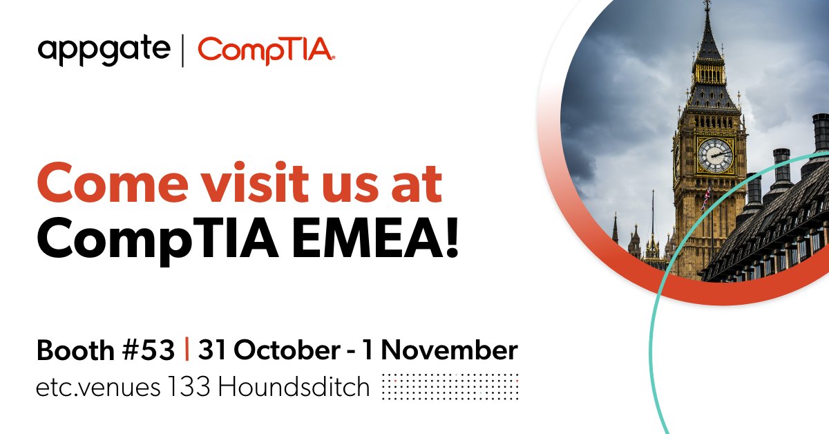 AppgateSecurity's tweet image. Attention partners! Thinking of attending @CompTIA_EMEA? Be our VIP guest and wave the admission fee when you register with promo code: EMEA22Appgate. Look forward to seeing you in London at booth 53! Learn more: bit.ly/3Mn1tNL

 #CompTIA #CompTIANetwork #CompTIAEMEA