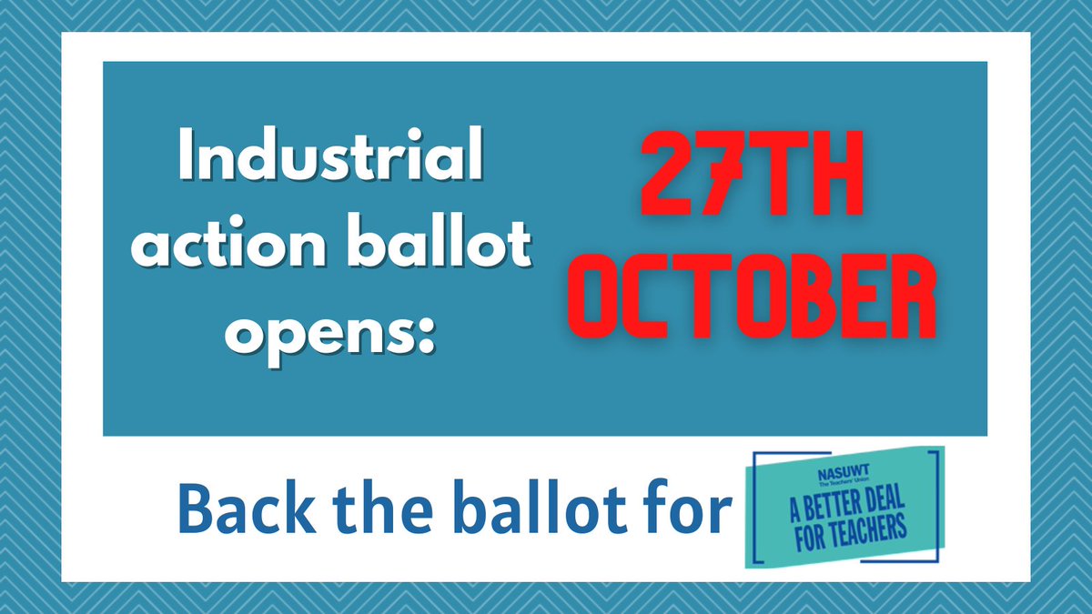 NASUWT's tweet photo. We are balloting members for industrial action over the failure by Government and employers to guarantee teachers and headteachers a fully-funded real-terms pay award of 12%.
https://t.co/XVJ6Kmuk4d https://t.co/h9UVqc8ucm