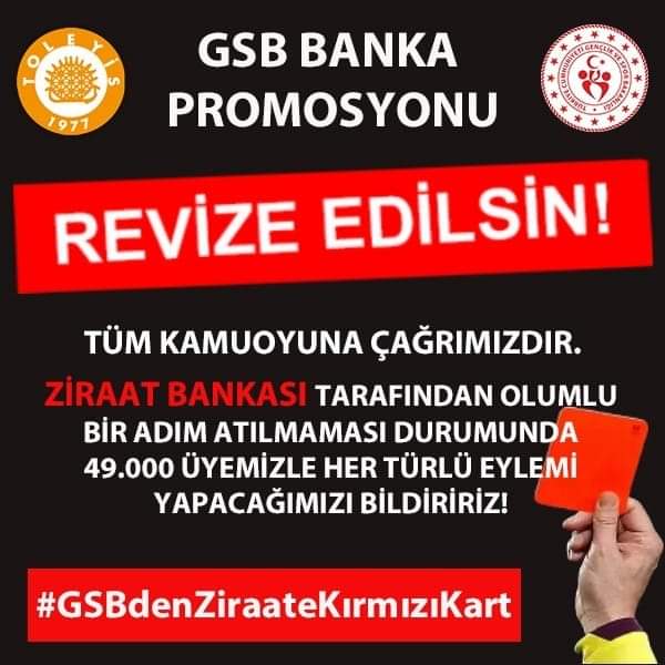 Gençlik ve Spor Bakanlığı Maaş Promosyon Güncellemesi konusunda bugüne kadar olumlu bir adım atılmaması sebebiyle tüm kamu işçilerini Ziraat Bankası'na KIRMIZI KART🟥 göstermeye davet ediyoruz.
#GSBdenZiraateKırmızıKart