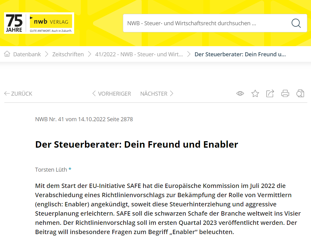 DStVberlin's tweet photo. Heute im #Spotlight von NWB. @TorstenLueth beleuchtet den möglichen Anwendungsbereich der 🇪🇺-#SAFE -Initiative bezüglich des Begriffs des "Vermittlers".
#enabler
Für NWB-Abonnenten ⬇️: https://t.co/vHcsJm1Ttw. https://t.co/m4m3I8Tq5M