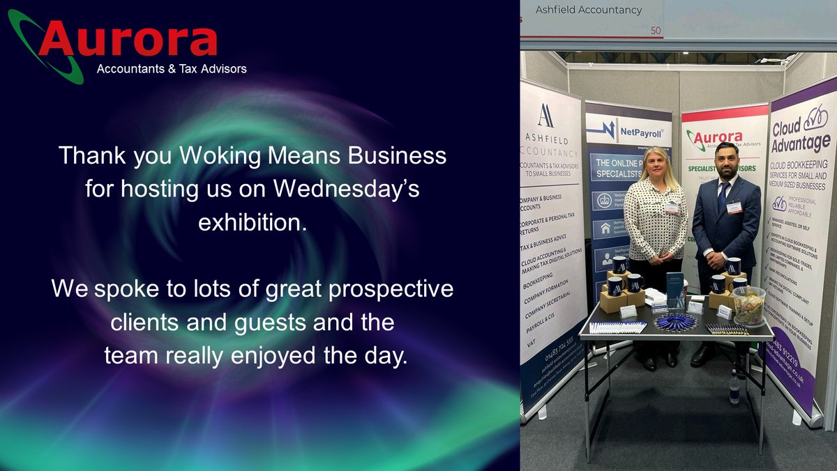 aurora_tax's tweet photo. Thank you Woking Means Business for hosting us on Wednesday’s exhibition.

We spoke to lots of great prospective clients and guests and the team really enjoyed the day!

@WokingMeansBiz
#wmb2022 #wokingevents #wokingbusiness #Surrey #Accountancy #tax https://t.co/5tYJUfNbCJ