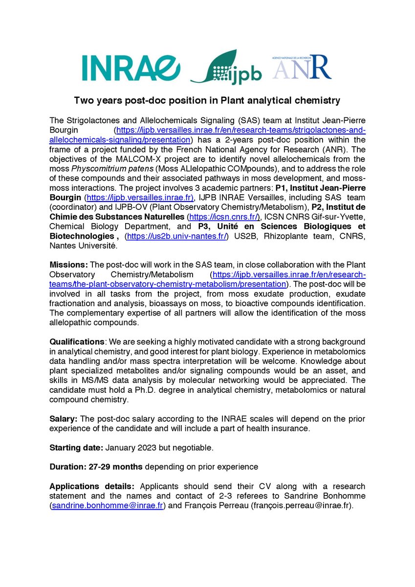 SAS-team (curated by Alexandre de SAINT GERMAIN) (@sas_teambyalex) on Twitter photo Our team is recruiting a post-doc in analytical chemistry for 2 years on the moss Physcomitrium patens at <a href="/ijpb_fr/">IJPB</a> in frame of a collaborative project about #strigolactones <a href="/ijpb_fr/">IJPB</a> <a href="/icsn/">Isabella</a> and US2B <a href="/NantesUniv/">Nantes Université</a>. Contact sandrine.bonhomme@inrae.fr Please RT Our team is recruiting a post-doc in analytical chemistry for 2 years on the moss Physcomitrium patens at <a href="/ijpb_fr/">IJPB</a> in frame of a collaborative project about #strigolactones <a href="/ijpb_fr/">IJPB</a> <a href="/icsn/">Isabella</a> and US2B <a href="/NantesUniv/">Nantes Université</a>. Contact sandrine.bonhomme@inrae.fr Please RT
