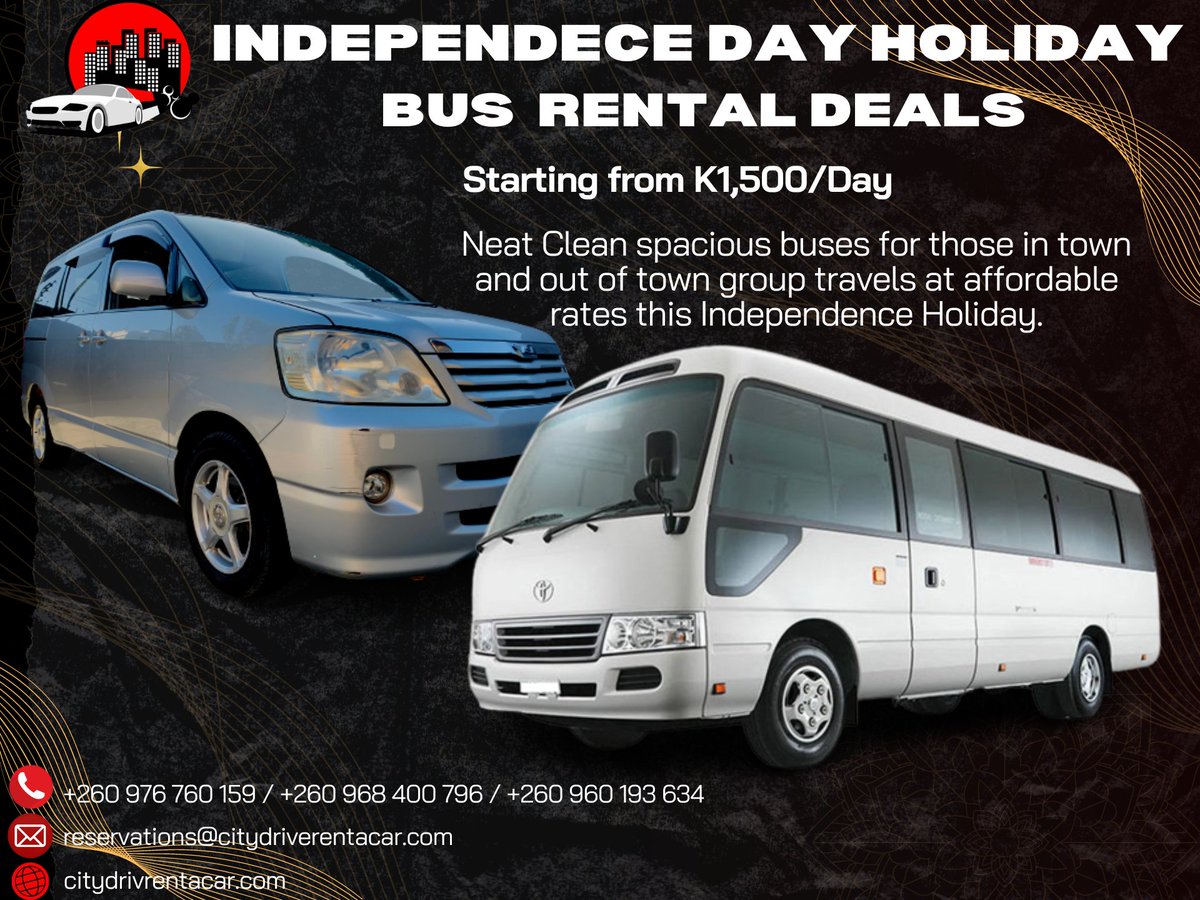 CityDrive4You's tweet photo. We are here to provide you with great bus rental deals this Independence Holiday.
For more info, Call us on 0976-760159
Email: reservations@citydriverentacar.com https://t.co/rFuqOTMOkh