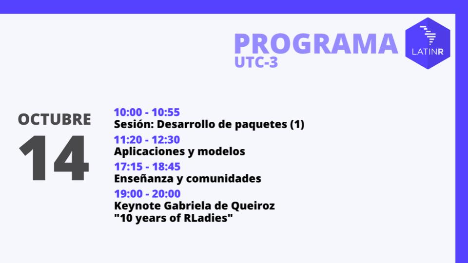 🚀 Llegamos al último día de #LatinR2022.

A las 10:00 tenemos sesiones hasta las 12:30. Luego hacemos un corte para la siesta 😉 y seguimos a la tarde desde las 17:15.

A las 19:00 cerramos con la charla plenaria de <a href="/gdequeiroz/">Gabriela de Queiroz</a> sobre Los 10 años de #RLadies

Les esperamos!