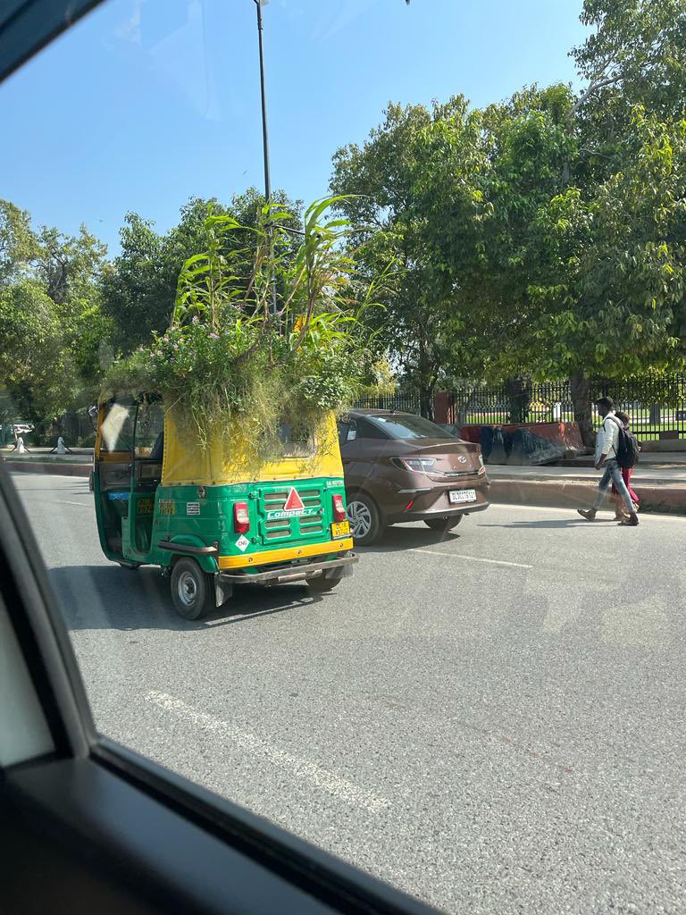 sauravsabhlok's tweet photo. @anandmahindra
Just clicked by a friend at India Gate today in Delhi, Mahendra Kumar,an enterprising auto driver,has grown a mini garden on the roof of his auto to protect himself & passengers from the heat creating a mini AC effect. Amazing Indians 😊 #climateaction #coolauto https://t.co/rfG6Alm0Rv