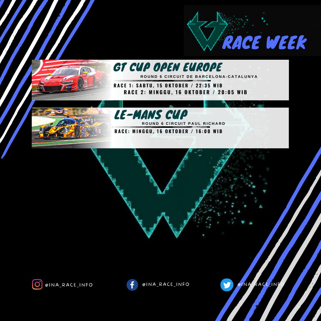 InaRaceInfo1's tweet photo. Berikut jadwal balap pekan ini, cek ALT untuk info tempat nonoton #motogp #gpmania #elms #4hportimao #nascarplayoffs #formuladrift #drift #formulad #gt2europe #tcreurope #internationalgtopen #britishgt #gtcupopen #lemanscup #balap #jadwalbalap #raceday #raceweek https://t.co/FHCebrC3rO