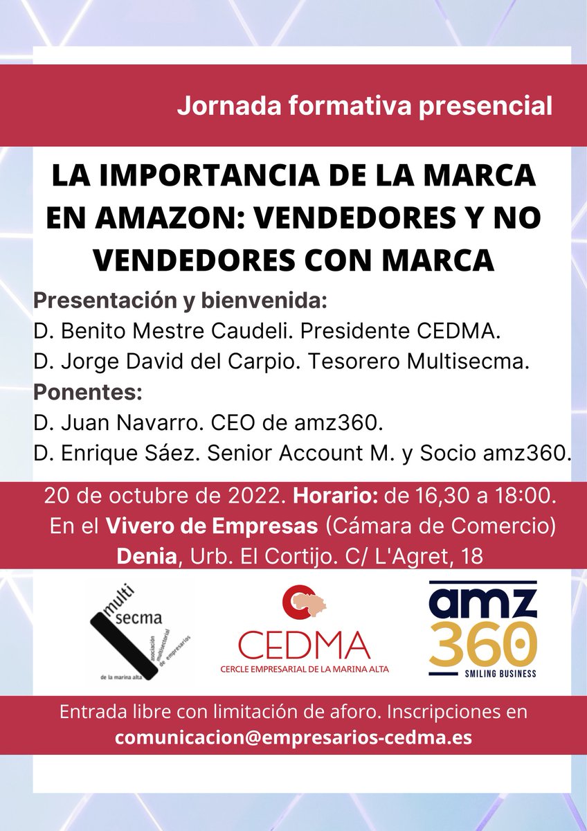 ¡Retomamos la formación presencial!
Apúntate: el 20 de octubre a las 16.30 horas en el <a href="/DeniaVivero/">Vivero de Empresas Dénia</a> 
#JuntosSomosMásFuertes #marinaalta #empresarios #autónomos #amazon #ventas #formación #jornadaformativa