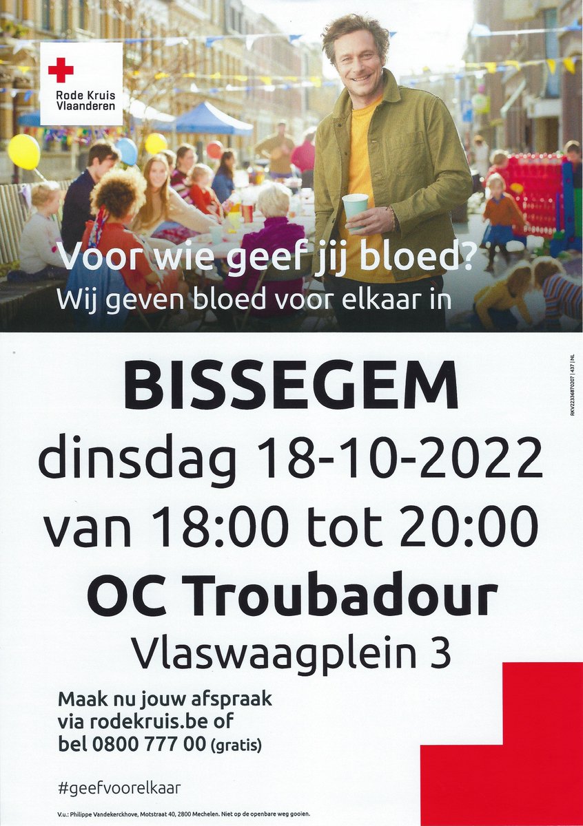 RKKortrijk's tweet photo. Heb je dinsdagavond 18 oktober nog een gaatje vrij? Kom tussen 18u en 20u bloed geven in oc Troubadour in Bissegem . De bloedvoorraden staan nog altijd onder zware druk. Maak daarom NU een afspraak via https://t.co/fnIE4471yz #geefvoorelkaar https://t.co/0gbgtbR5BU