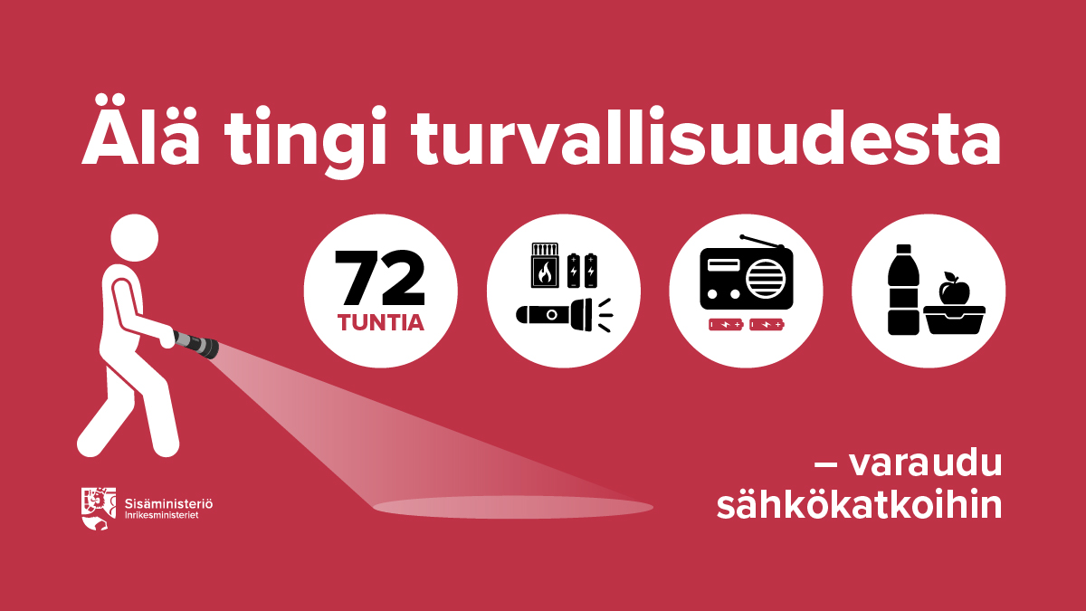 Sisaministerio's tweet photo. Myrskyt ja tekniset viat aiheuttavat sähkökatkoja vuosittain. Myös energiapula saattaa aiheuttaa sähkökatkoja. Mieti etukäteen, mitä pitää ottaa huomioon &amp; miten toimit, jos sähköt katkeavat.

Nappaa turvallisuusvinkit:  

🔗 https://t.co/Kjmf1sUChh

#AstettaAlemmas https://t.co/v8aAPvl40y